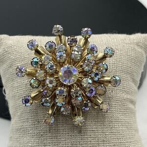 Vintage Aurora Borealis AB Rhinestone Starburst Sunburst Brooch Pin